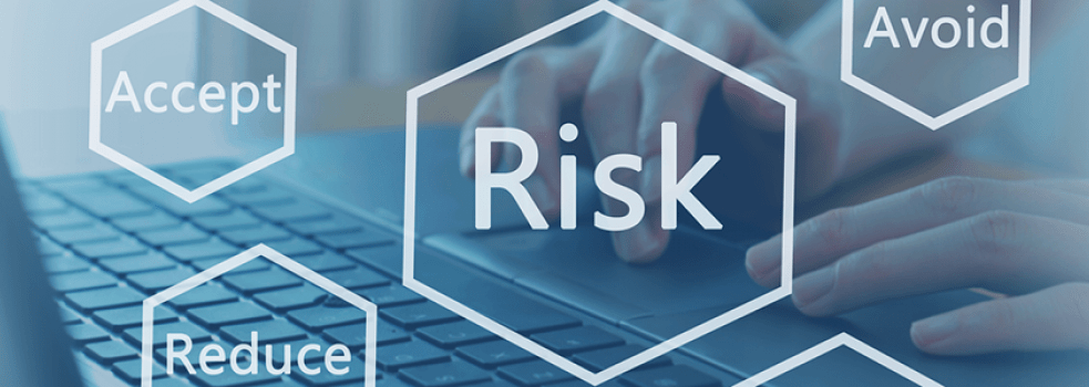 Ordet "risk" visas i versaler i förgrunden. I bakgrunden ses en person arbeta vid en dator. 