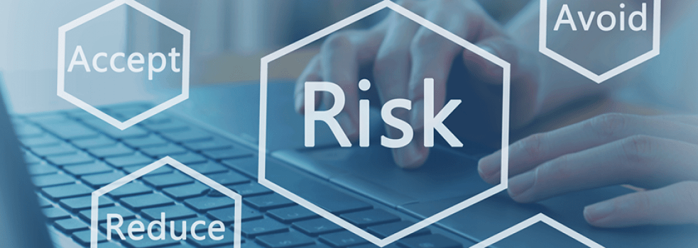 Ordet "risk" visas i versaler i förgrunden. I bakgrunden ses en person arbeta vid en dator.
