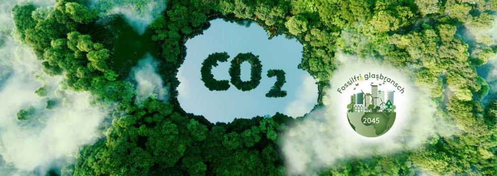 En skog med en sjö visas uppifrån. Öar i sjön bildar ordet "CO2".
