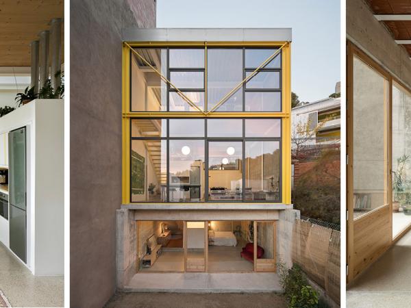 Tre bilder som visar ett glashus med gula profiler i Barcelona